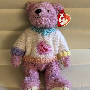 Retired vintage Ty Lilac Bear with Heart Sweater